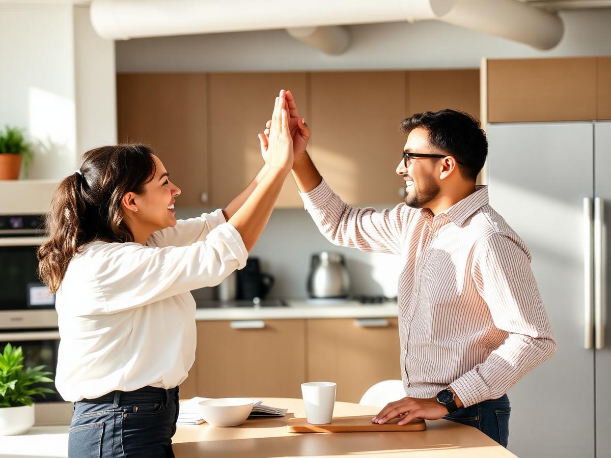 Colleagues celebrating a small win in the office kitchen